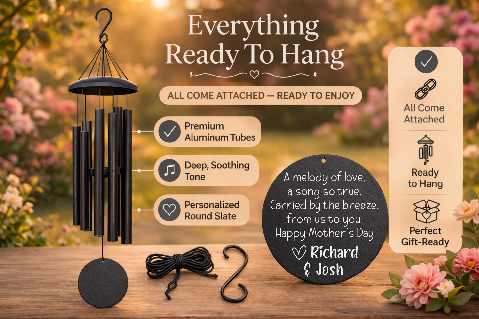 Personalized Wind Chime for Mom - close-up of the custom engraving