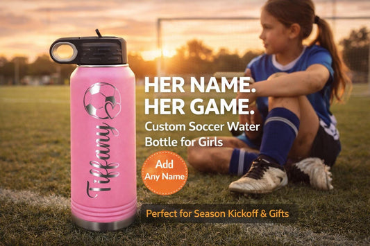 Personalized Soccer Water Bottle for Girls - close-up of the custom engraving