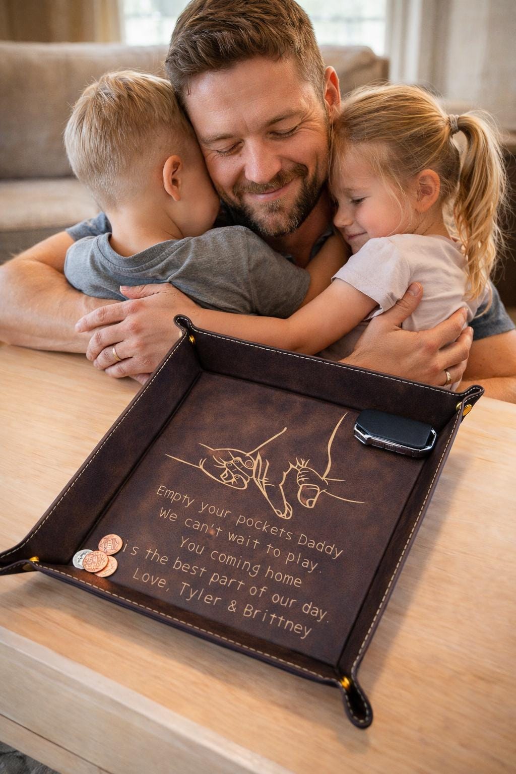 Personalized Valet Tray for Dad - close-up of the custom engraving