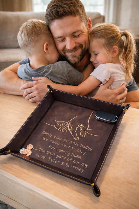 Personalized Valet Tray for Dad - close-up of the custom engraving
