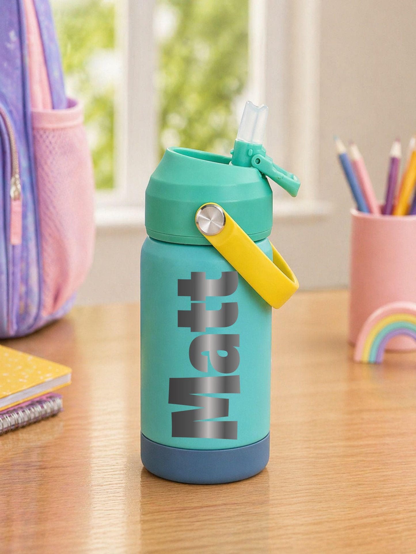 Personalized Kids Water Bottle with Name - close-up of the custom engraving