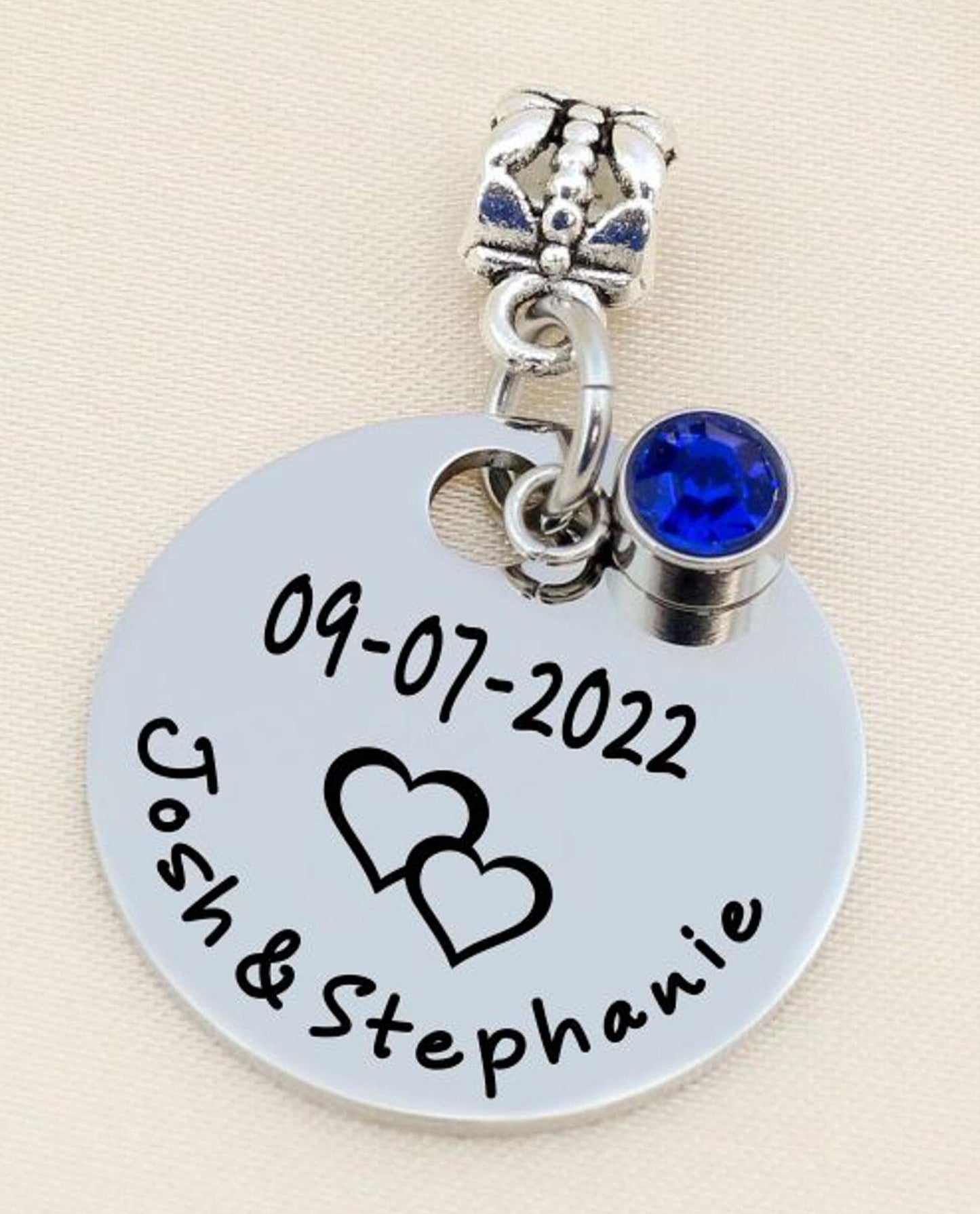 Something Blue Wedding Charm - close-up of the custom engraving