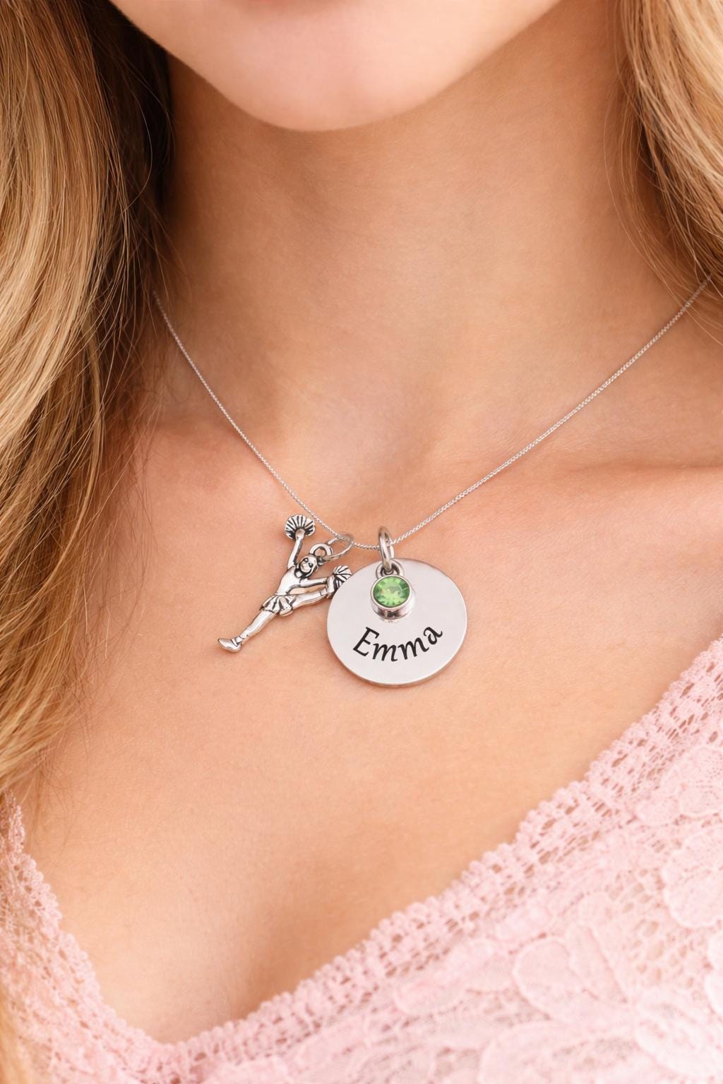 Personalized Cheerleader Necklace - close-up of the custom engraving