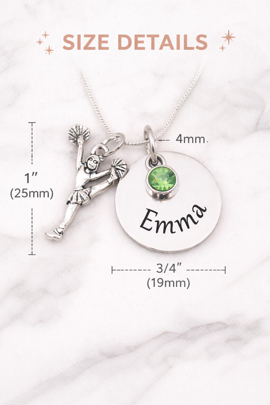 Personalized Cheerleader Necklace - close-up of the custom engraving