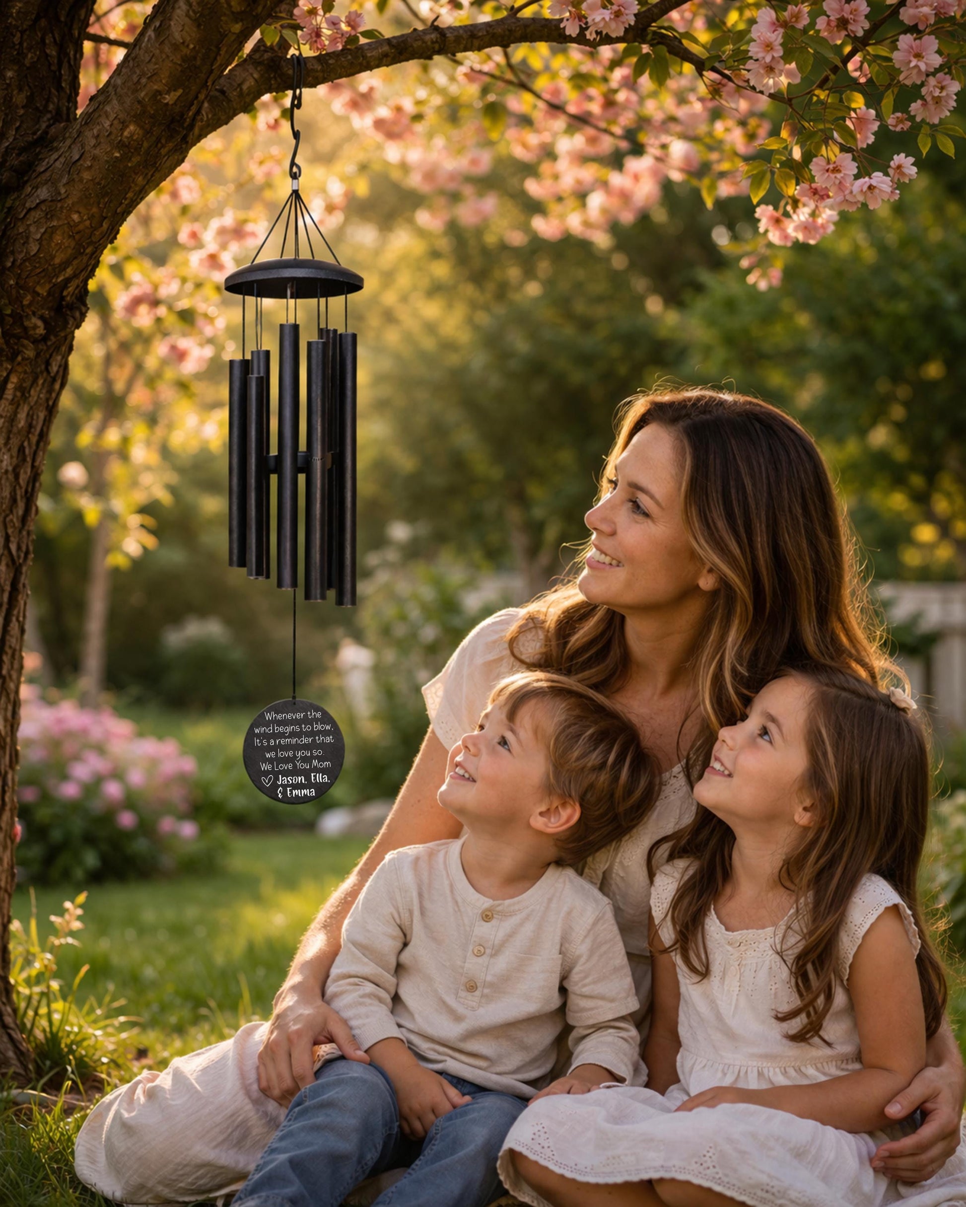 Personalized Wind Chime for Mom from Kids - close-up of the custom engraving