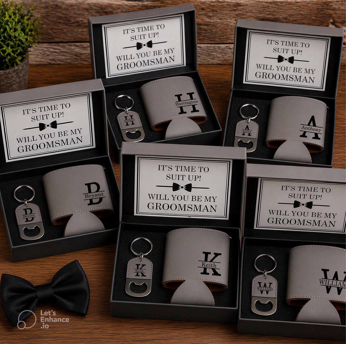 Personalized Groomsmen Proposal Set with Can Cooler & Keychain - close-up of the custom engraving