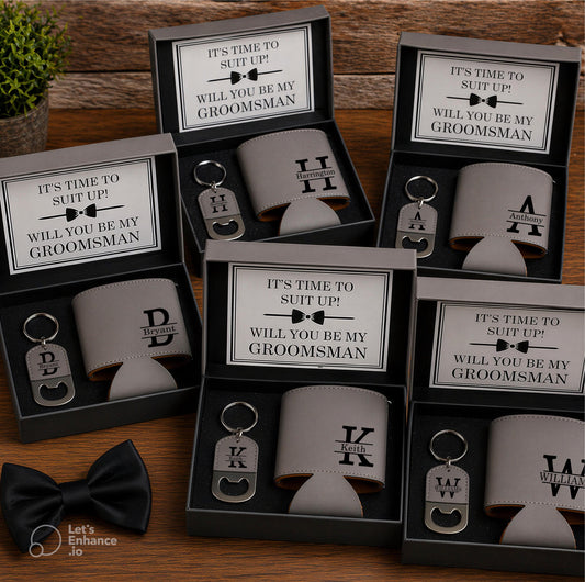 Personalized Groomsmen Proposal Set with Can Cooler & Keychain - close-up of the custom engraving