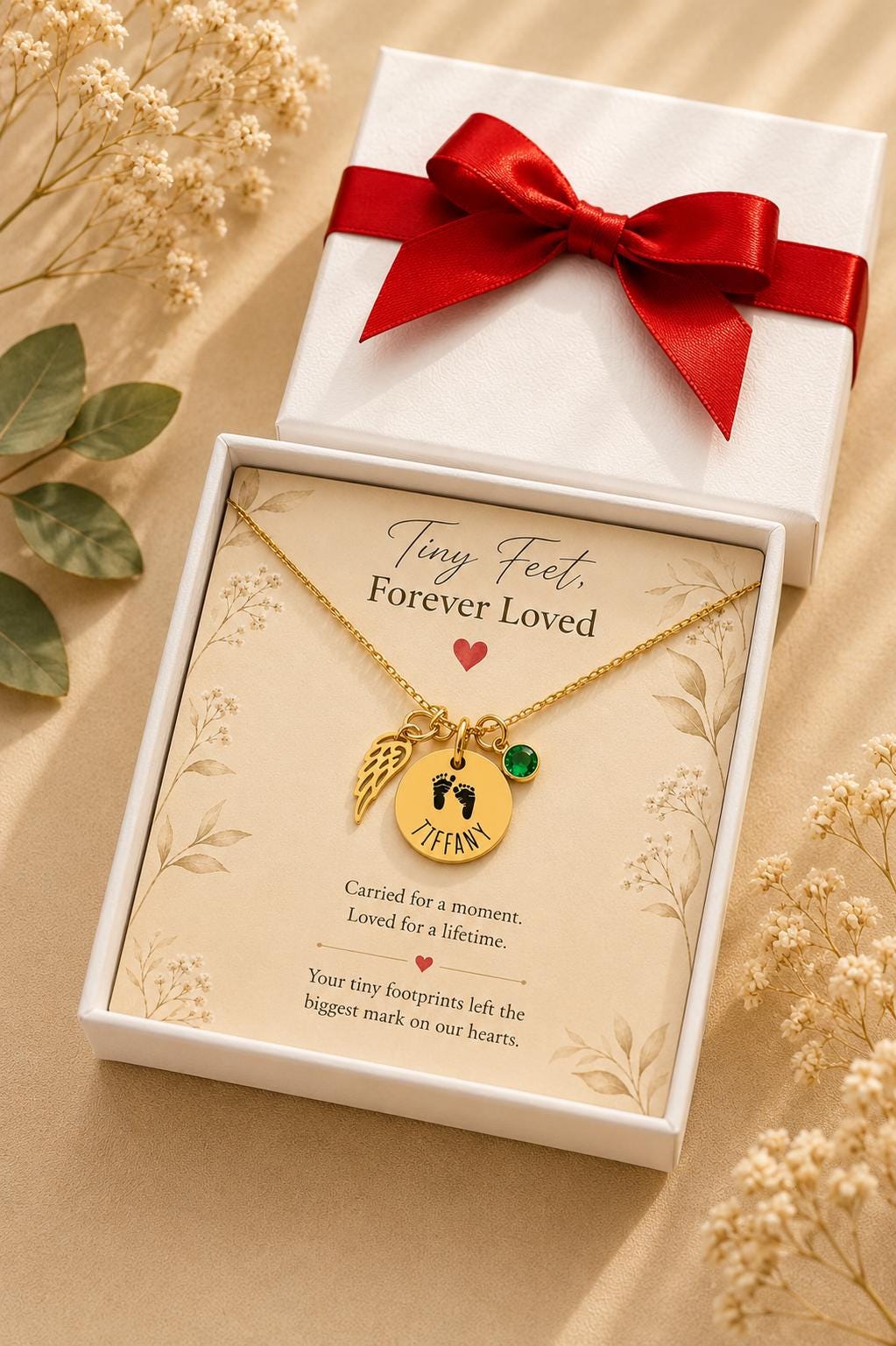 Miscarriage memorial necklace with angel wings pendant and engraved name disc – personalized infant loss sympathy gift