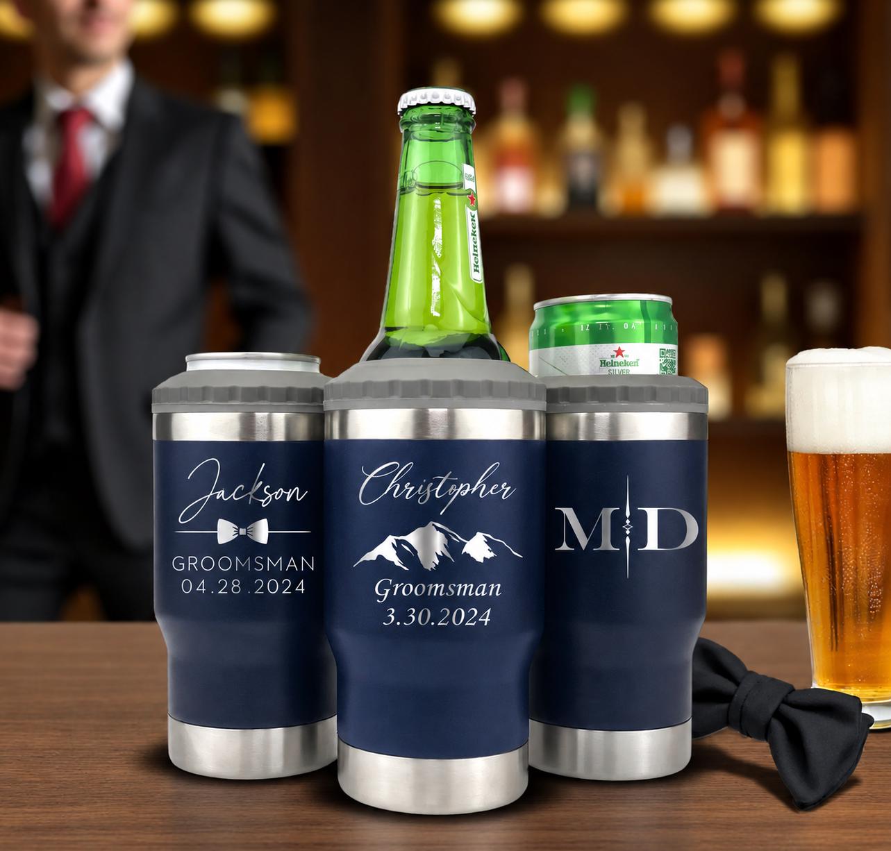 Navy Groomsmen Can Cooler - personalized engraved gift, family-made in Long Island