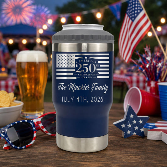 250th Anniversary Can Cooler - personalized engraved gift, family-made in Long Island