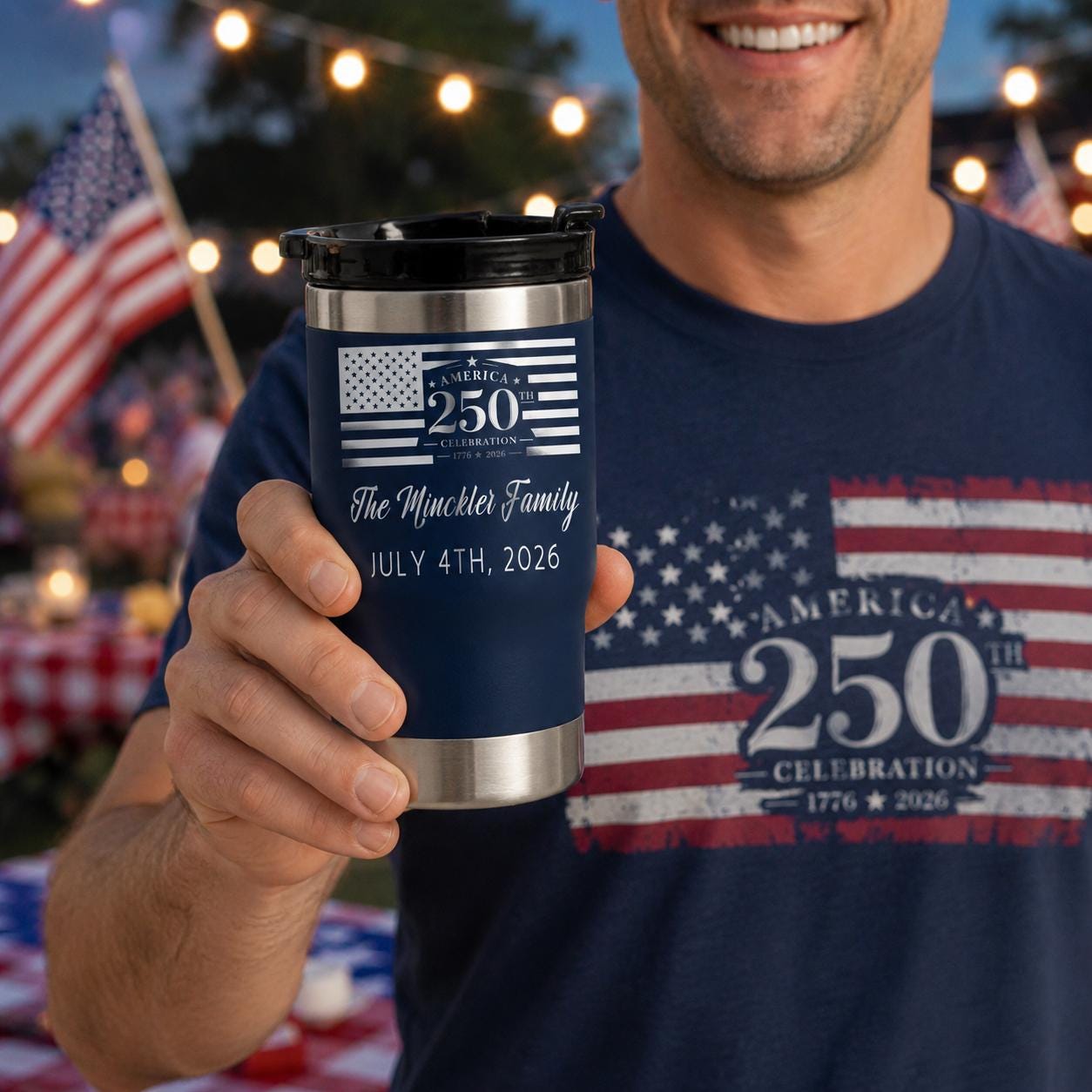 250th Anniversary Can Cooler - close-up of the custom engraving
