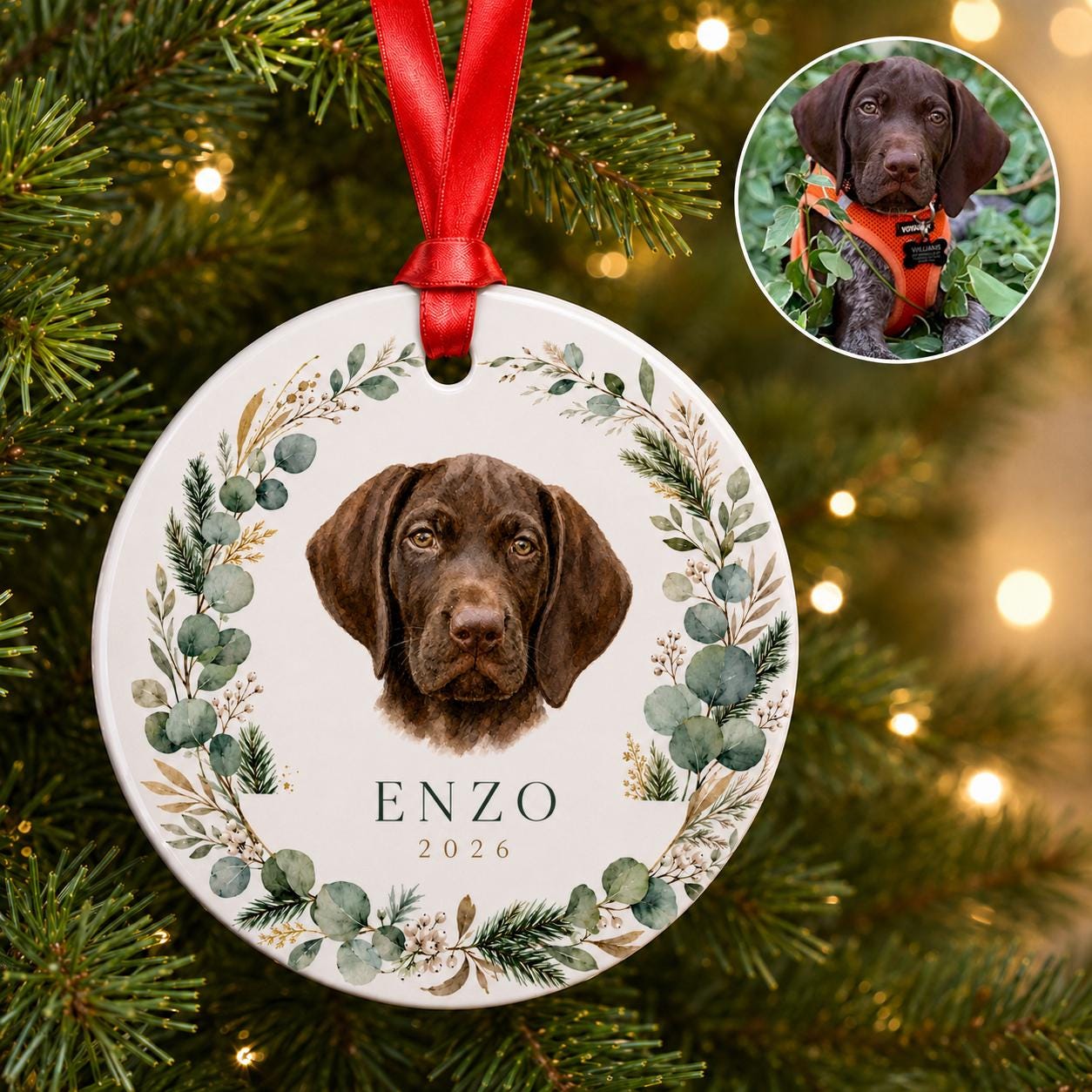 Custom Pet Portrait Christmas Ornament, Personalized Watercolor Dog, 3-Inch Ceramic Keepsake