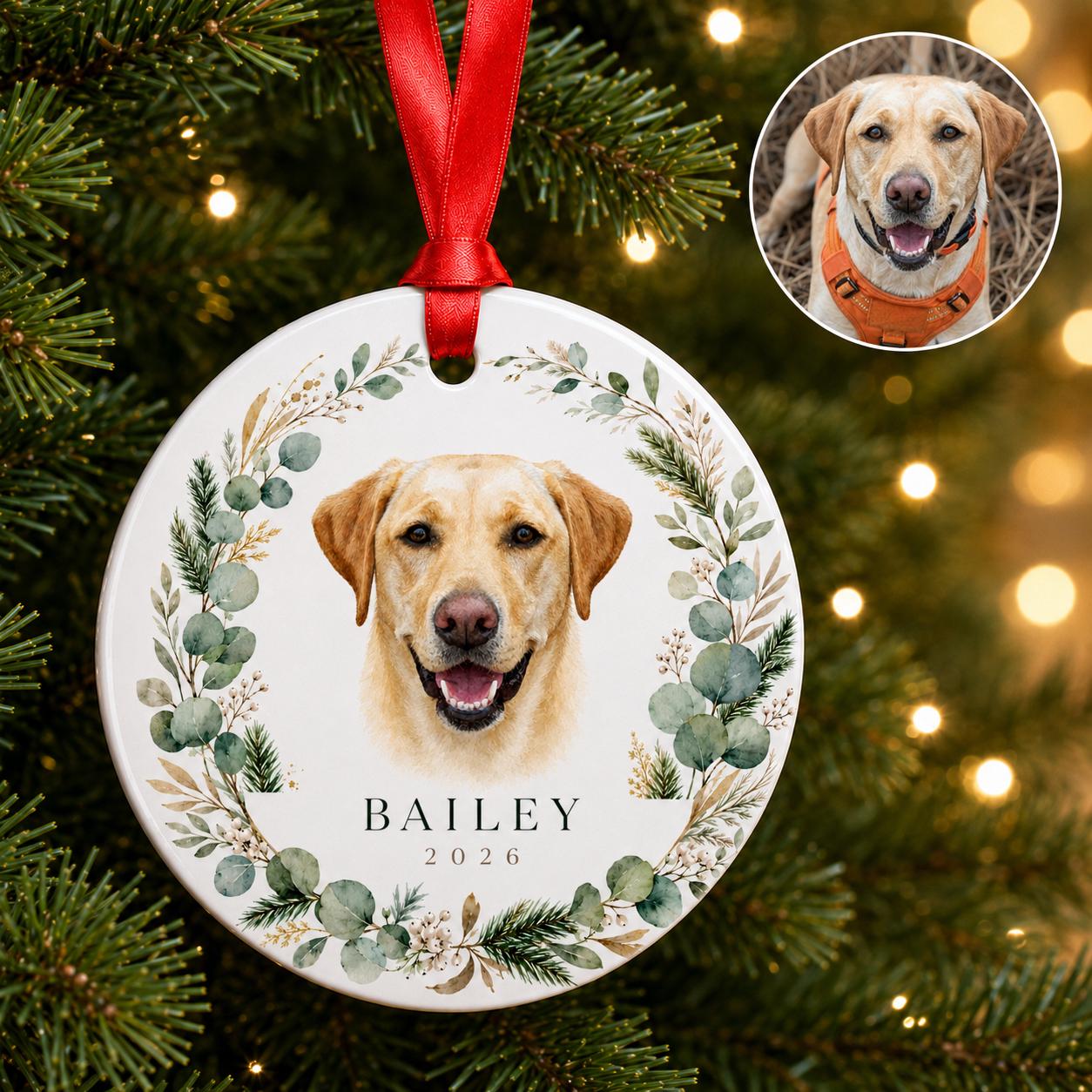 Custom Pet Portrait Christmas Ornament, Personalized Watercolor Dog, 3-Inch Ceramic Keepsake