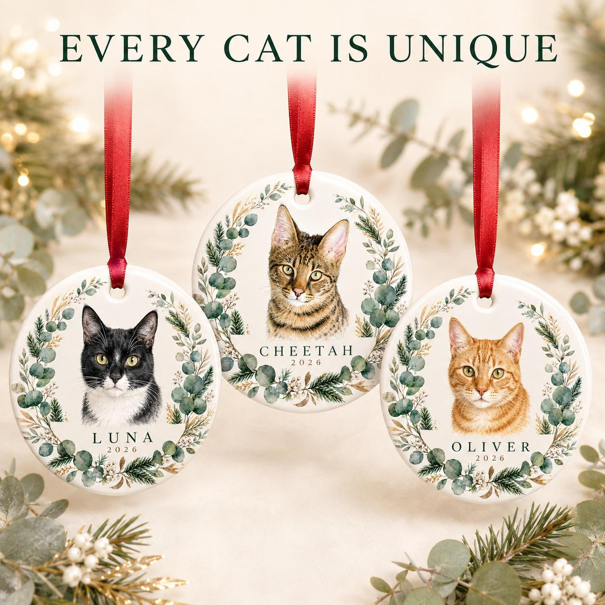 Custom Cat Portrait Christmas Ornament