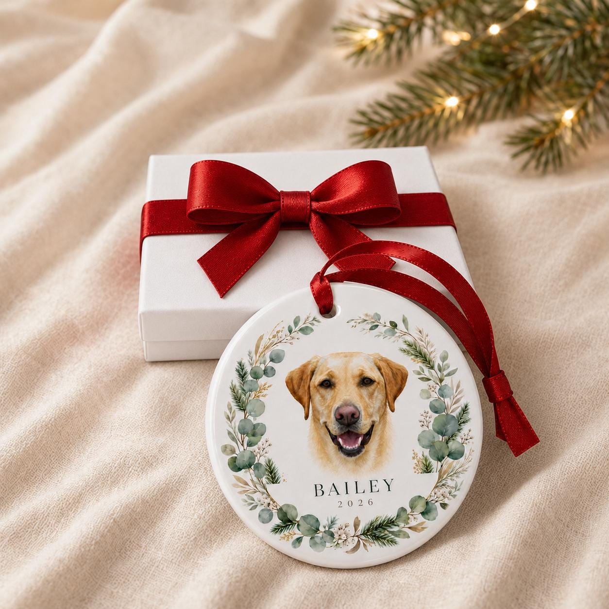 Custom Pet Portrait Christmas Ornament, Personalized Watercolor Dog, 3-Inch Ceramic Keepsake