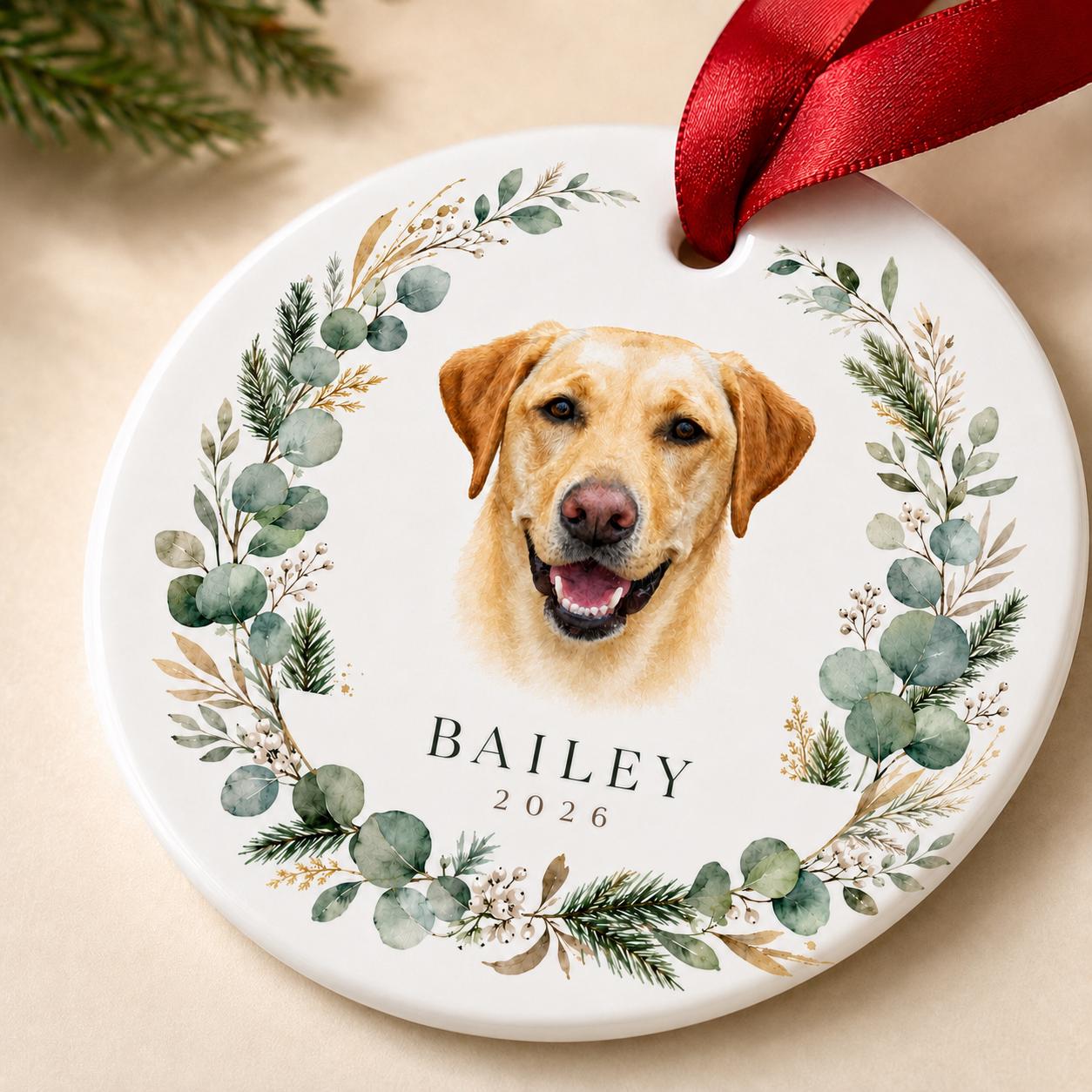 Custom Pet Portrait Christmas Ornament, Personalized Watercolor Dog, 3-Inch Ceramic Keepsake