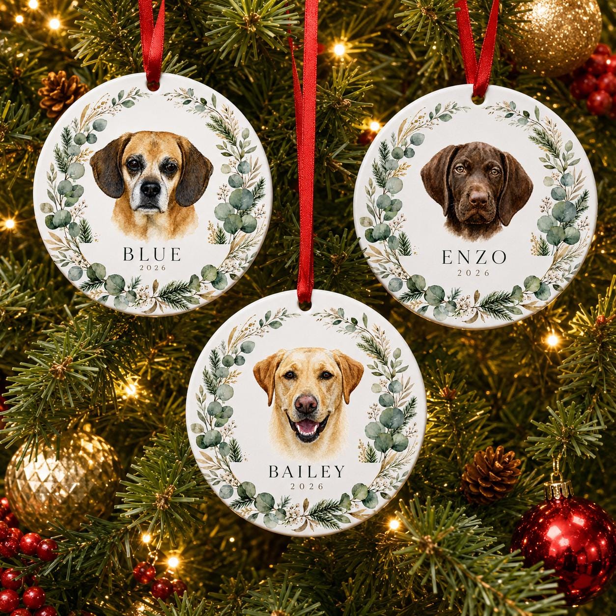 Custom Pet Portrait Christmas Ornament, Personalized Watercolor Dog, 3-Inch Ceramic Keepsake