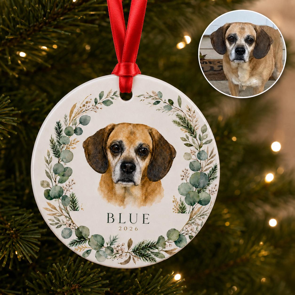 Custom Pet Portrait Christmas Ornament, Personalized Watercolor Dog, 3-Inch Ceramic Keepsake