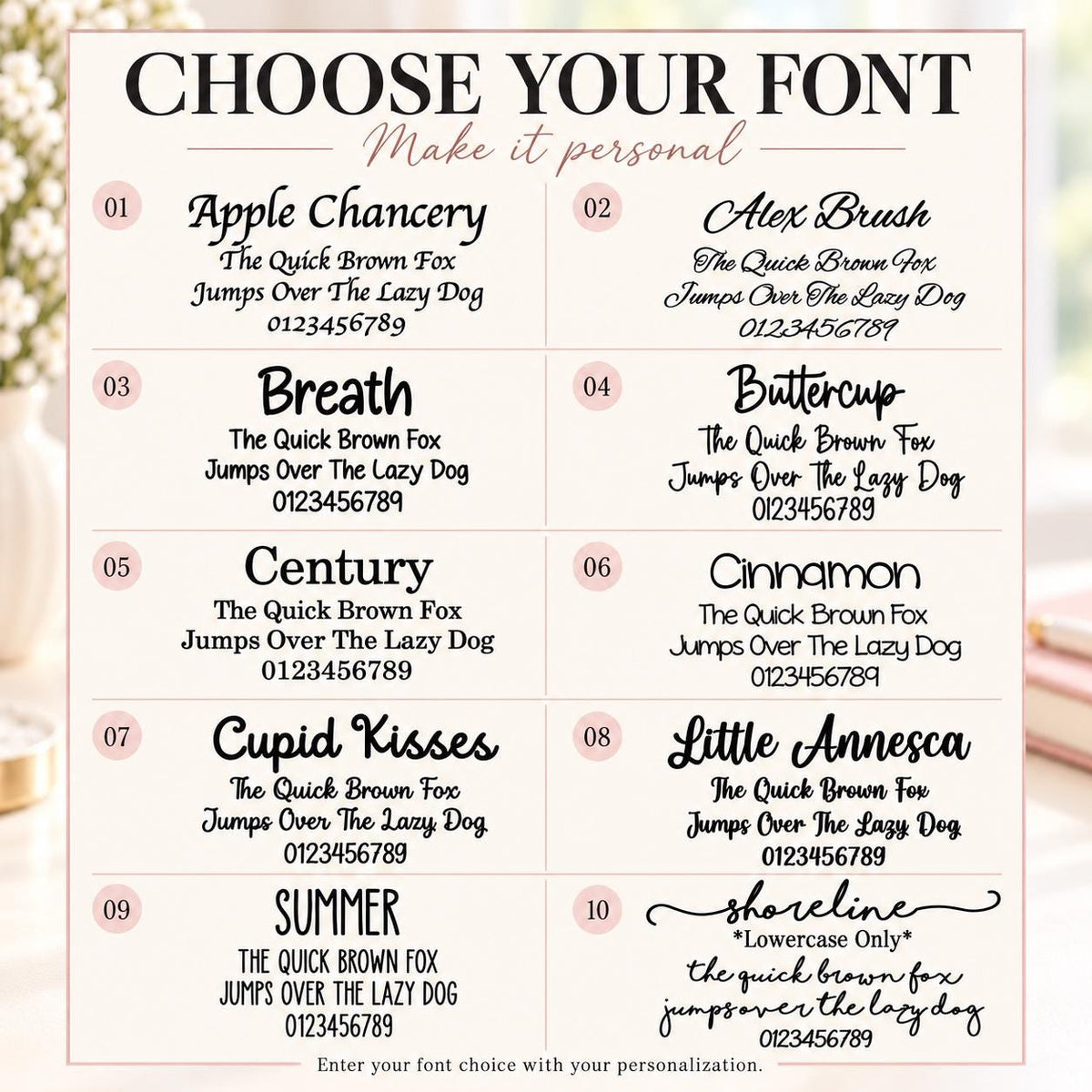 Font chart with 10 engraving fonts: Apple Chancery, Alex Brush, Breath, Buttercup, Century, Cinnamon, Cupid Kisses, Little Annesca, Summer, Shoreline