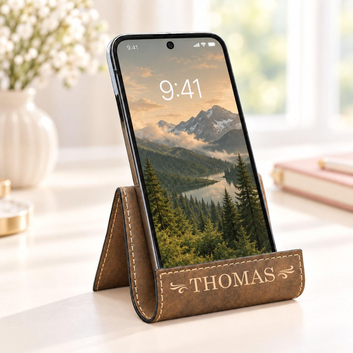 Rustic phone stand with gold engraving, name Thomas with flourish design
