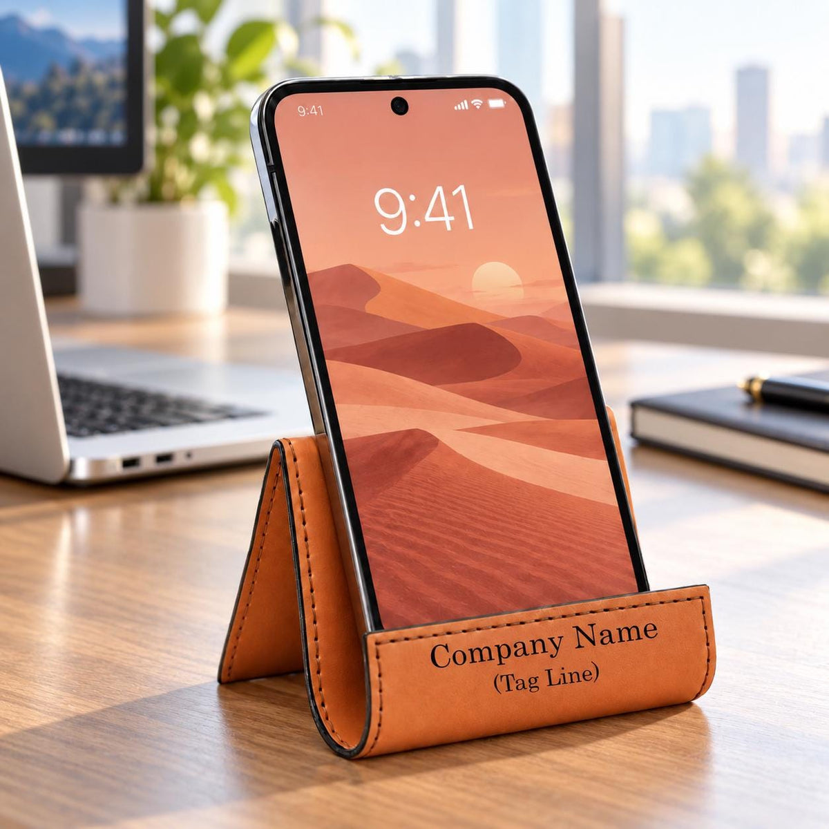 Rawhide phone stand with a company name on an office desk