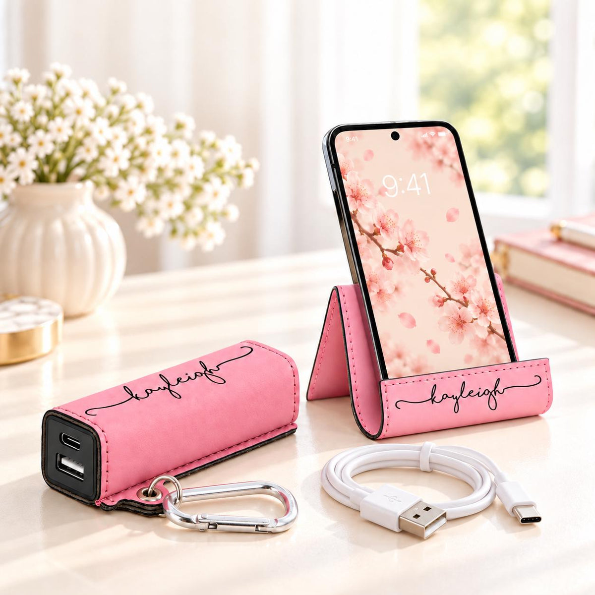 Personalized leatherette phone stand and power bank matching set in pink, engraved with the name Kayleigh