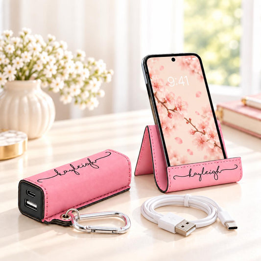 Personalized leatherette phone stand and power bank matching set in pink, engraved with the name Kayleigh