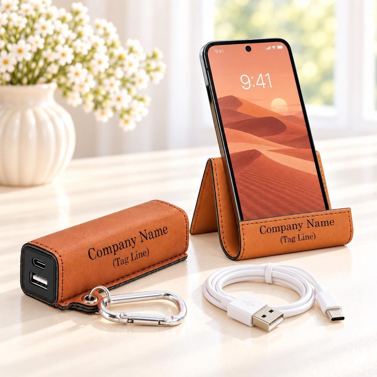 Rawhide phone stand and power bank set engraved with a company name