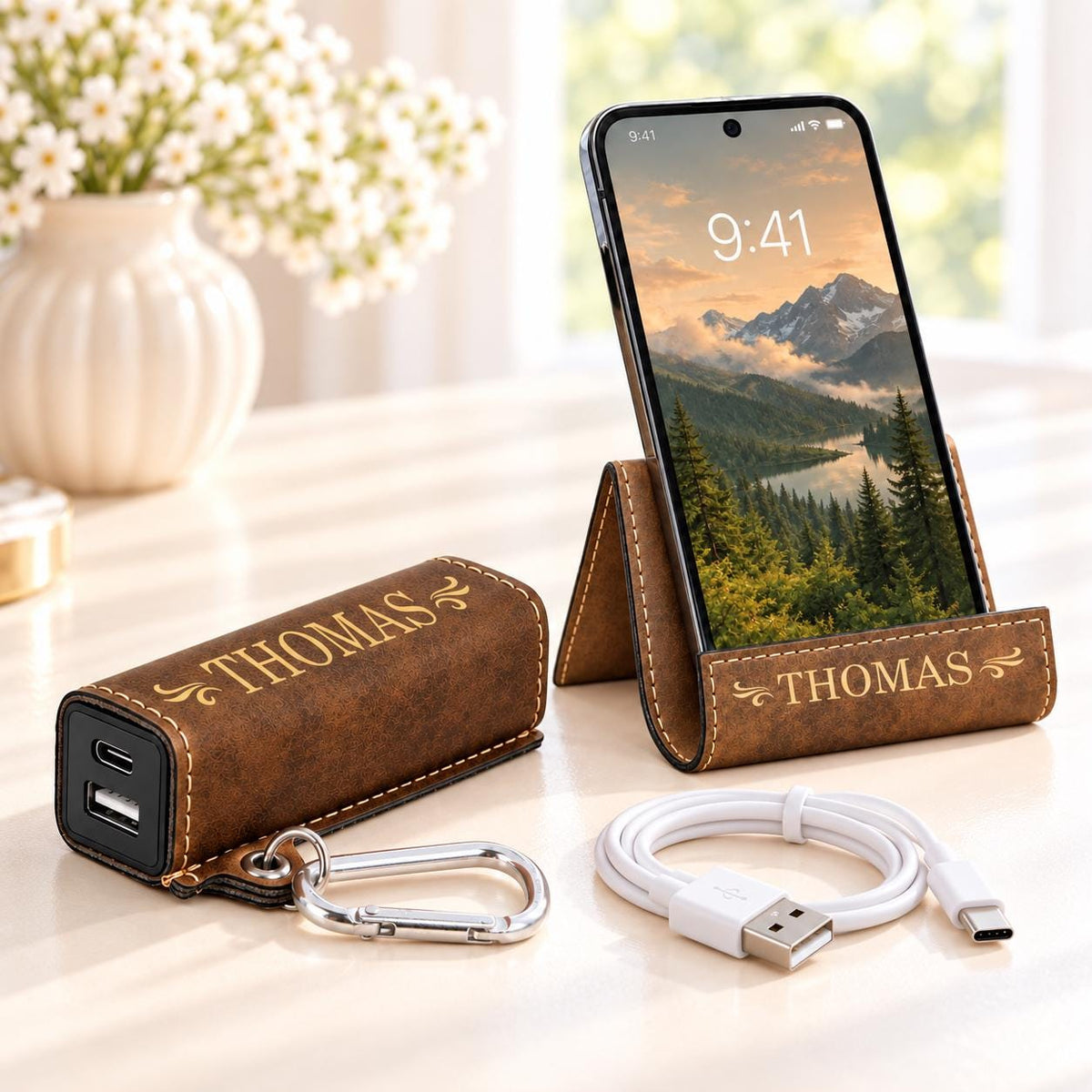 Rustic phone stand and power bank set with gold engraving, name Thomas
