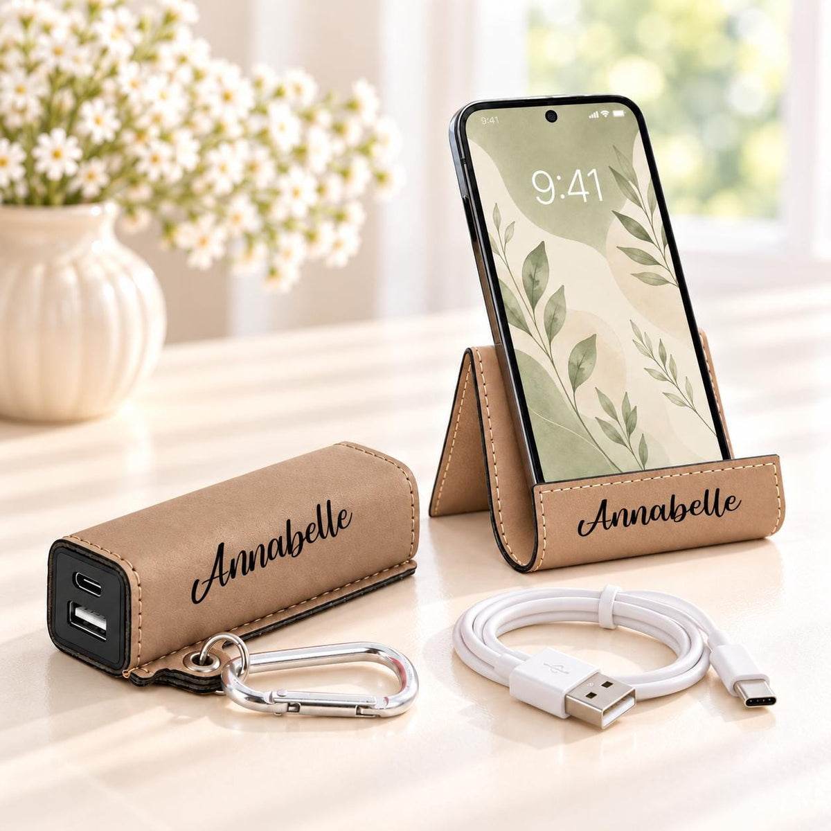 Light brown phone stand and power bank set engraved Annabelle