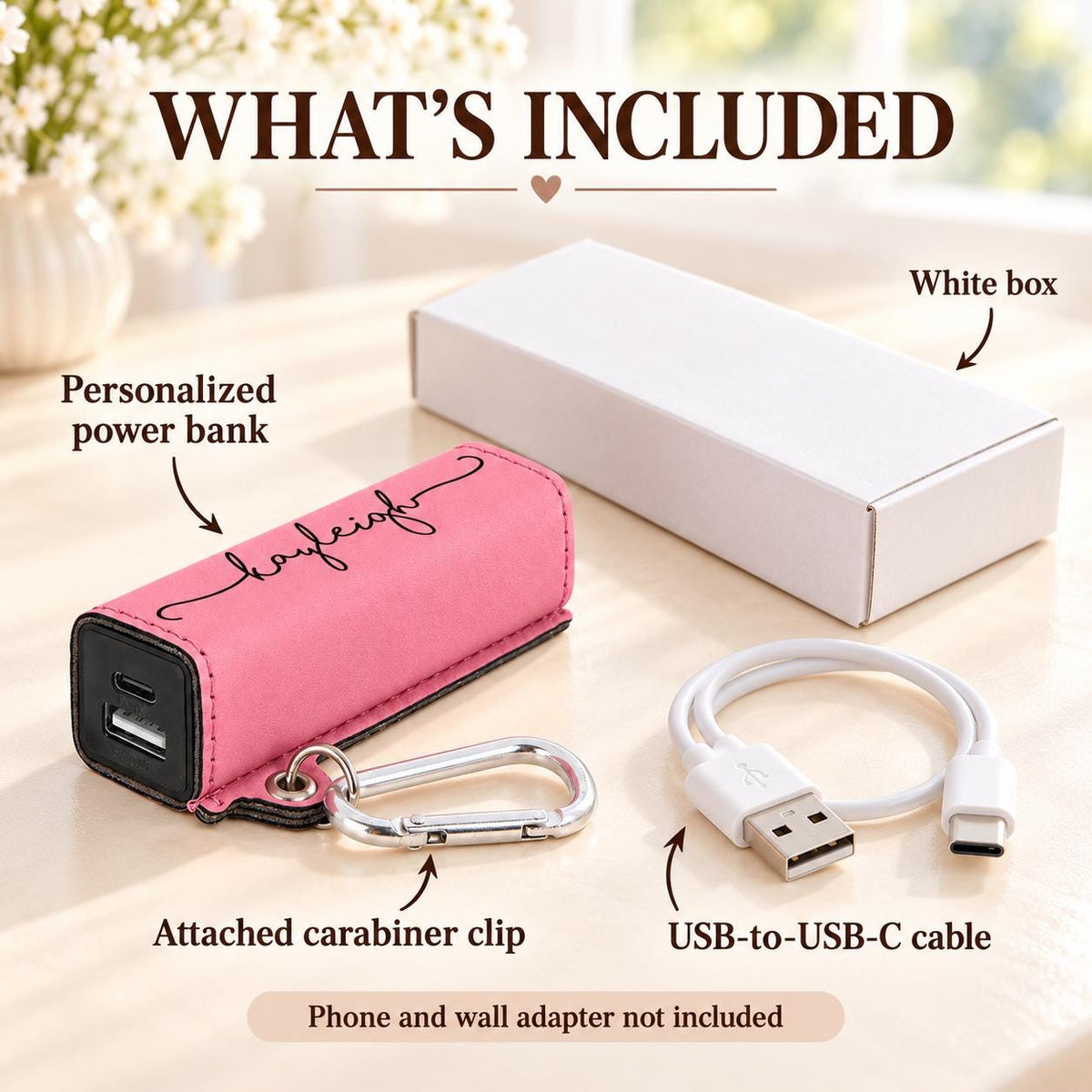 Power bank includes carabiner clip, USB-to-USB-C cable and white box
