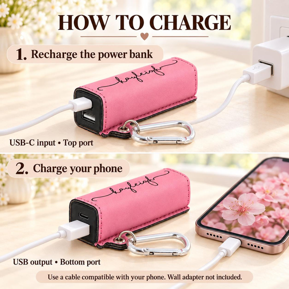 How to charge: USB-C input recharges the power bank, USB output charges your phone