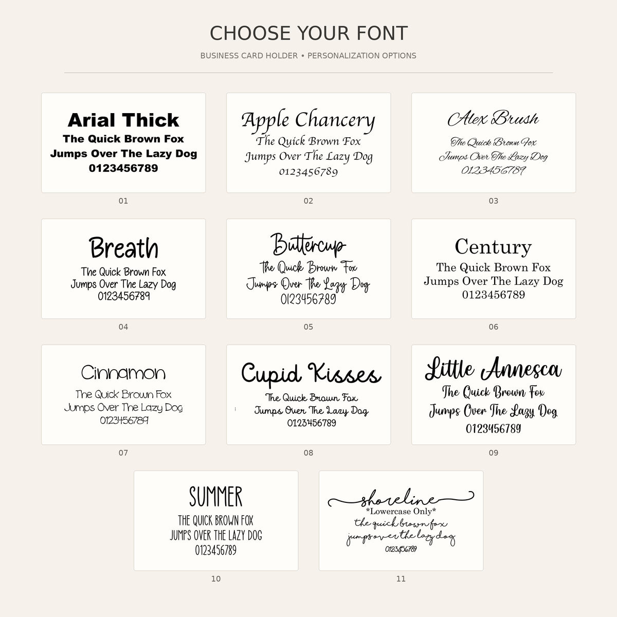 Choose your font chart for the business card holder, 11 fonts