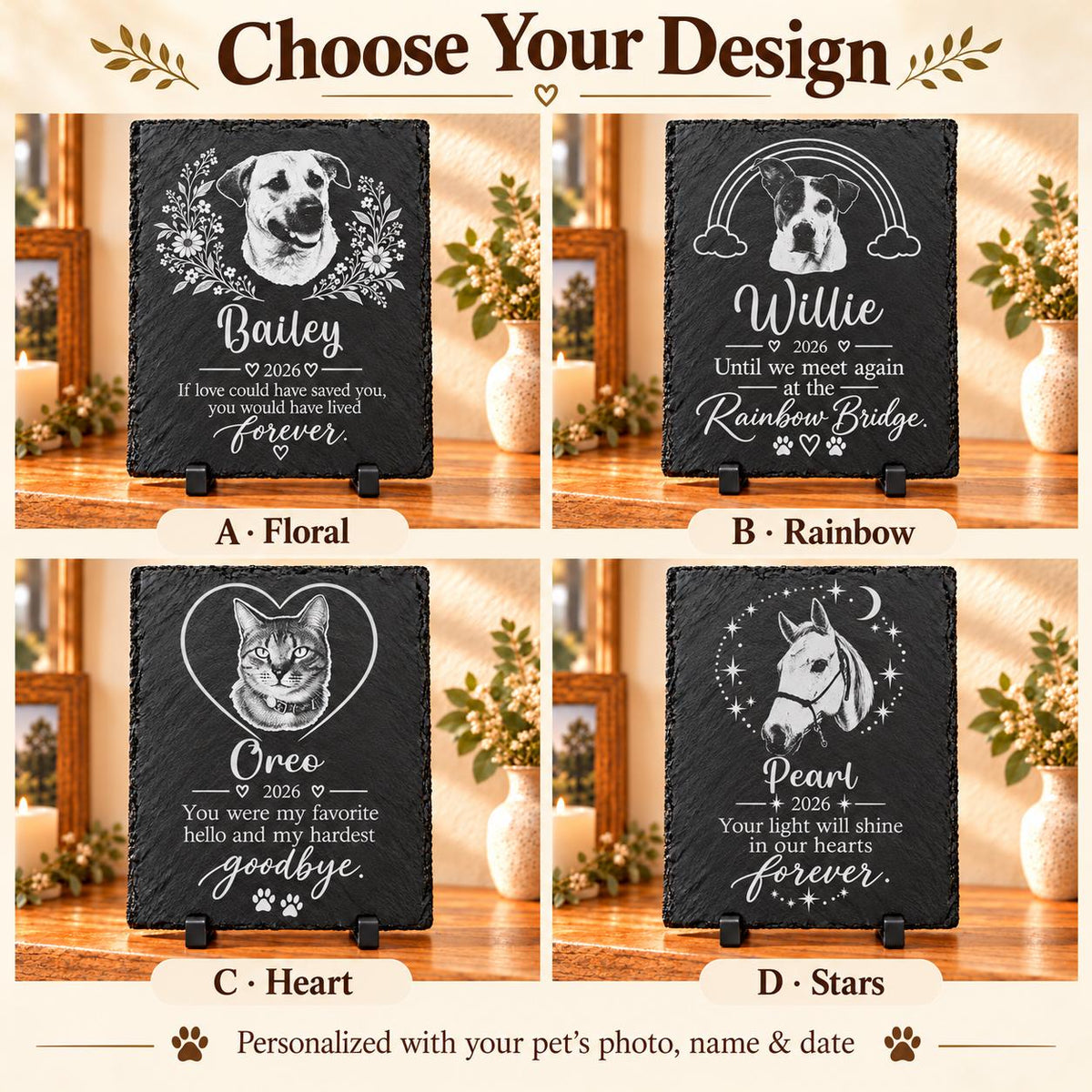 Choose your design: A Floral, B Rainbow, C Heart, D Stars