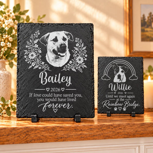 Personalized dog memorial slate plaques in two sizes, engraved with a dog photo, name and saying