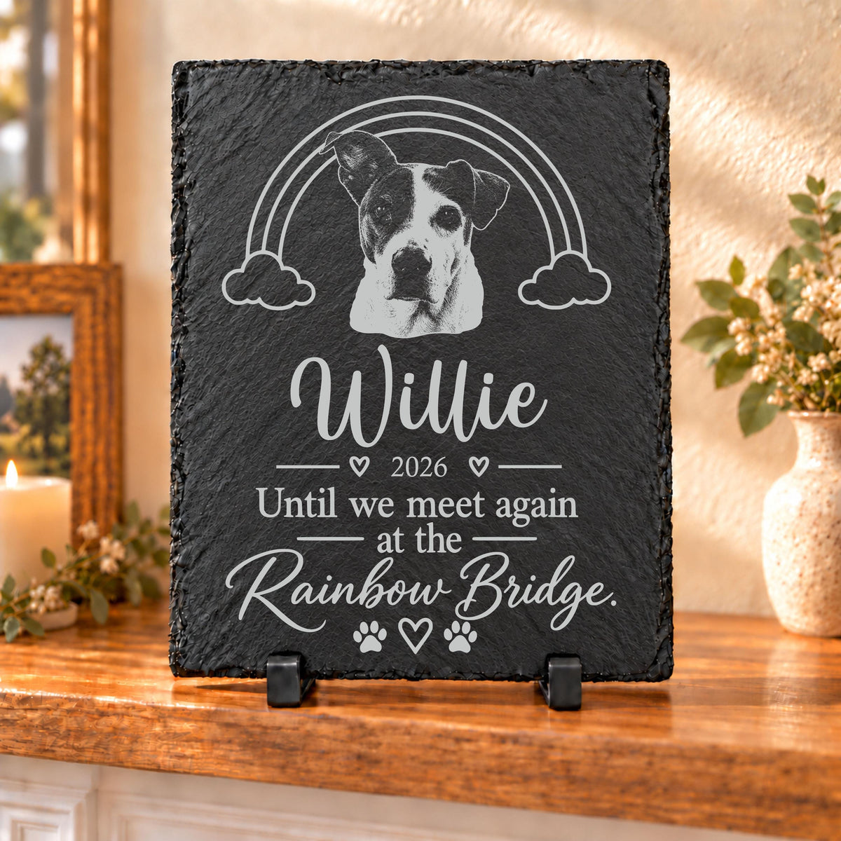 Design B Rainbow memorial plaque engraved with a dog portrait
