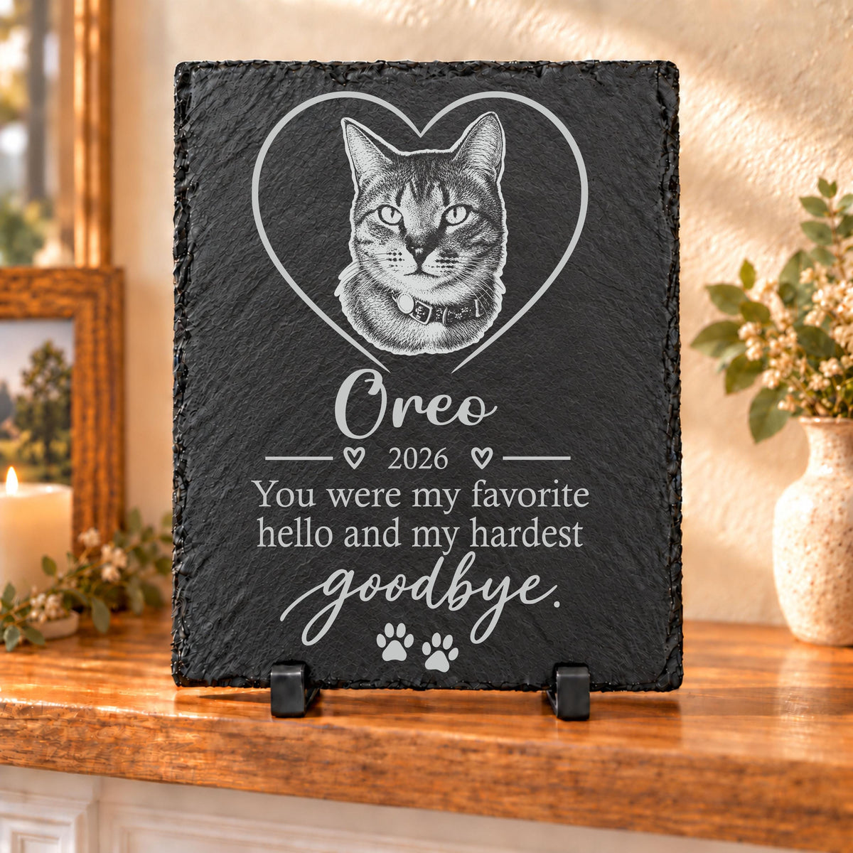 Design C Heart memorial plaque engraved with a cat portrait