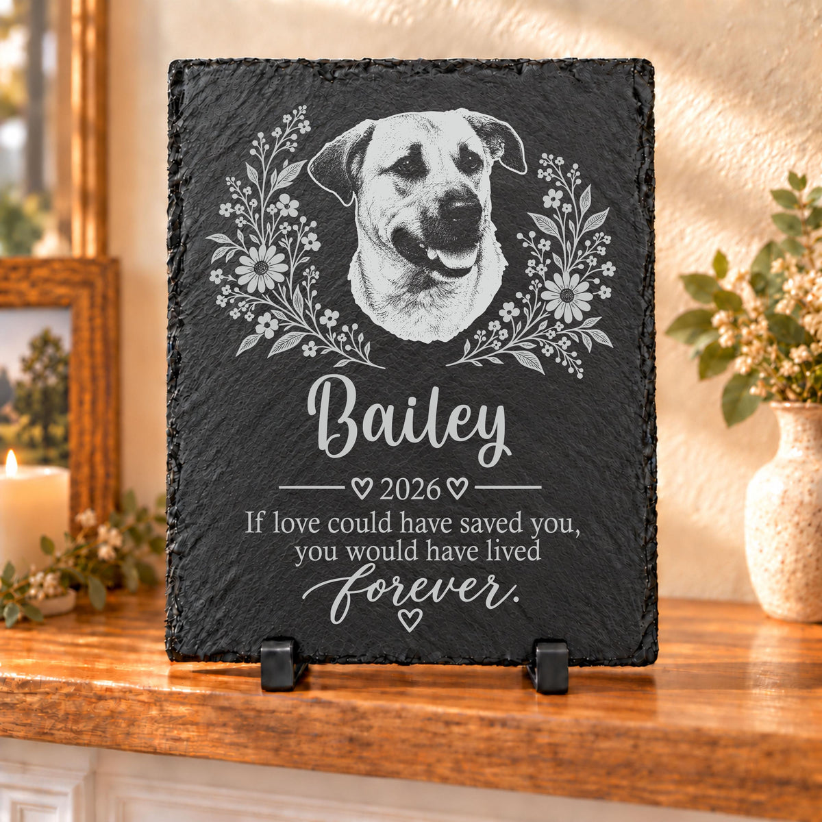 Design A Floral memorial plaque engraved with a dog portrait