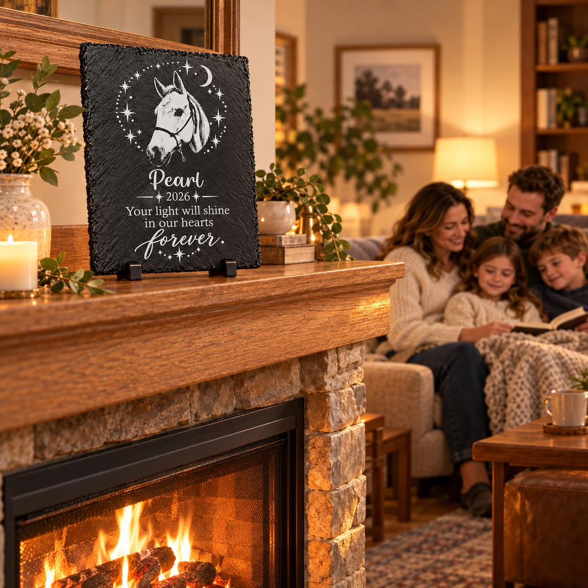 Memorial slate plaque displayed on a mantel