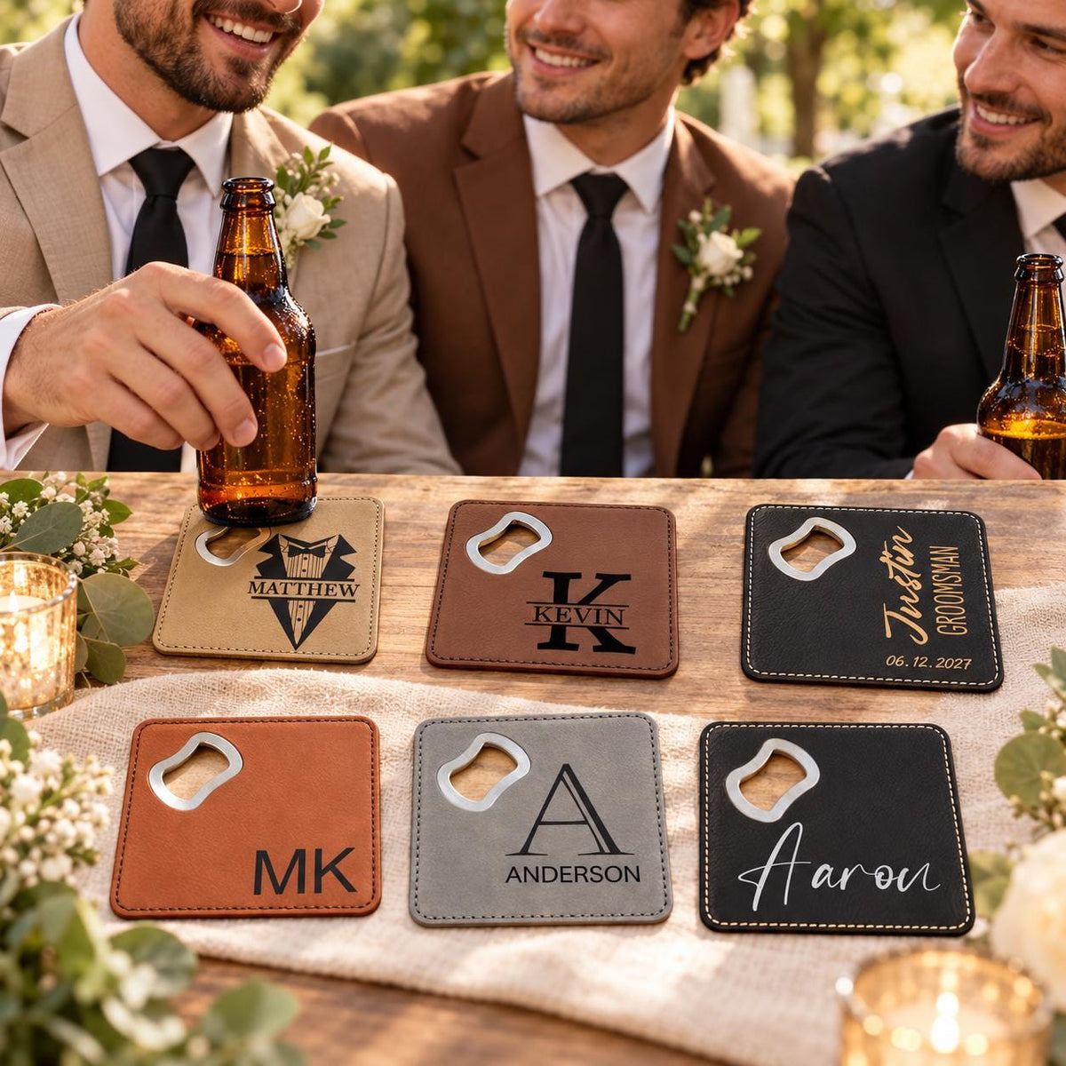 Personalized Groomsmen Gift Coaster Bottle Opener