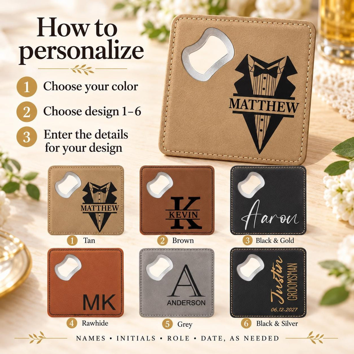 Personalized Groomsmen Gift Coaster Bottle Opener