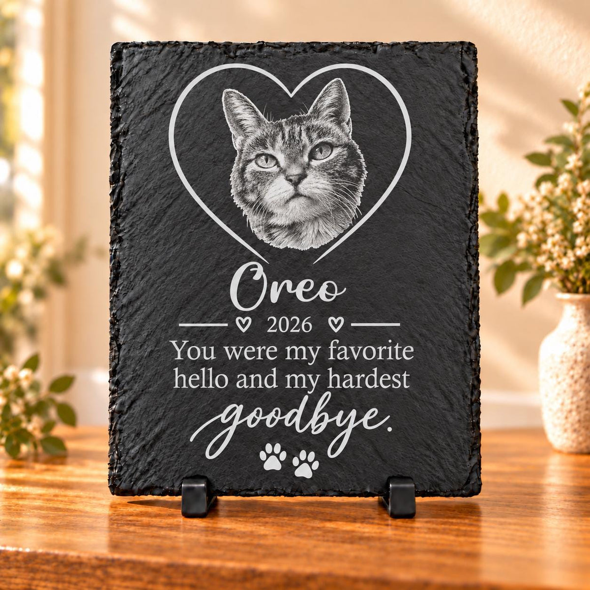 Design C Heart memorial plaque engraved with a cat portrait