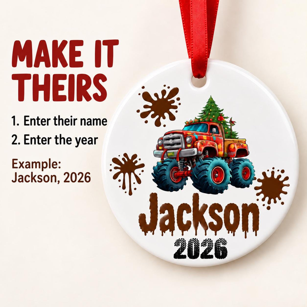 Personalized Monster Truck Christmas Ornament for Kids