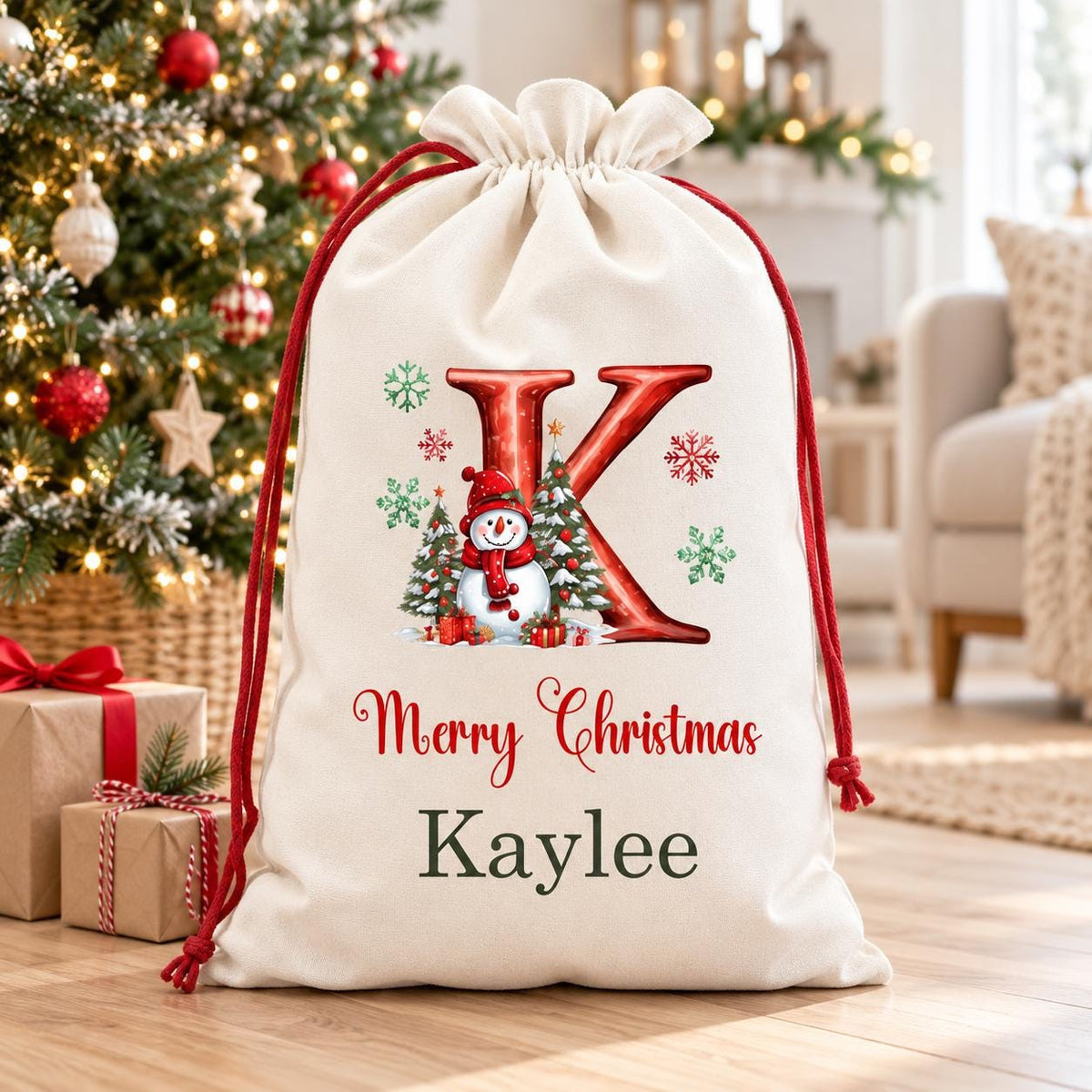 Personalized Snowman Santa Sack – Canvas Christmas Gift Bag