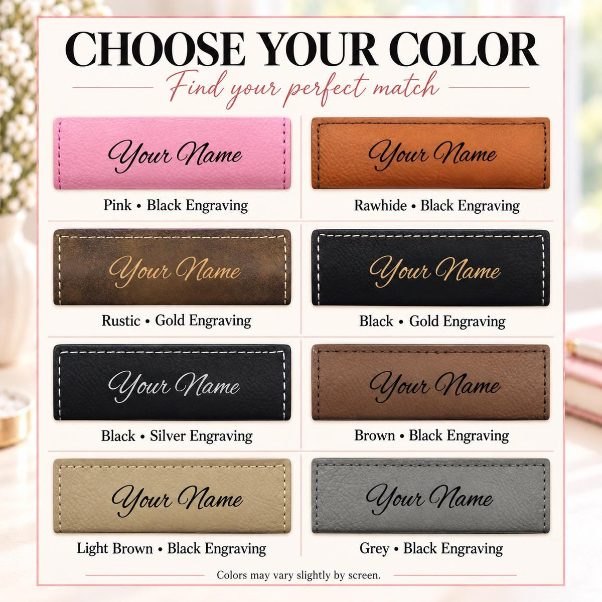 Color chart: Pink, Rawhide, Rustic, Black with Gold, Black with Silver, Brown, Light Brown and Grey