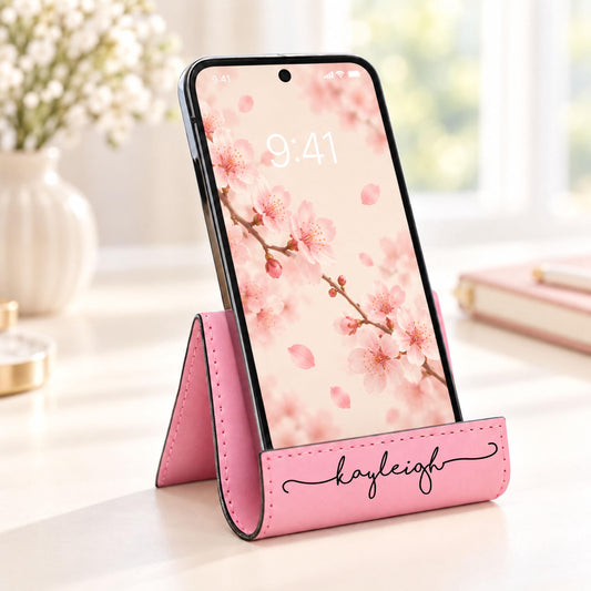 Personalized Leatherette Phone Stand in pink engraved with the name Kayleigh, holding a phone on a desk