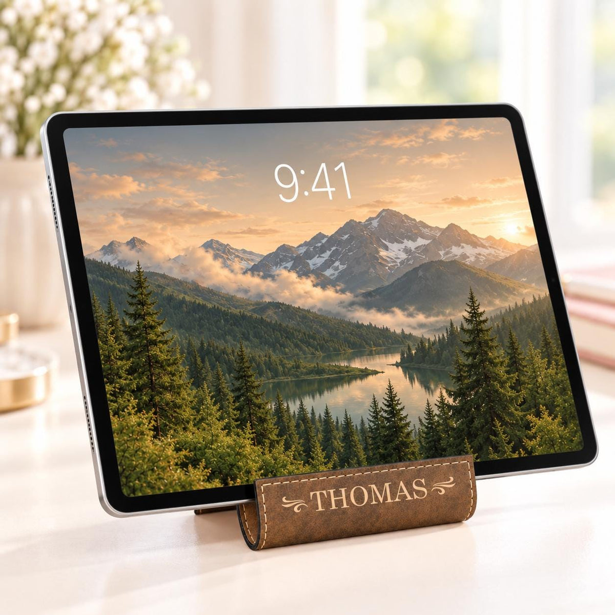Rustic phone stand with gold engraving holding a tablet