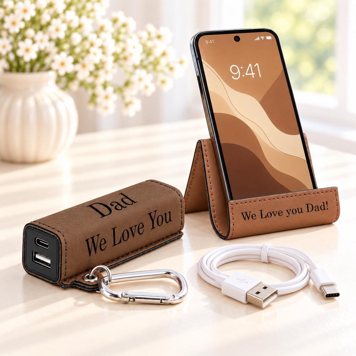 Brown phone stand and power bank set engraved We Love You Dad
