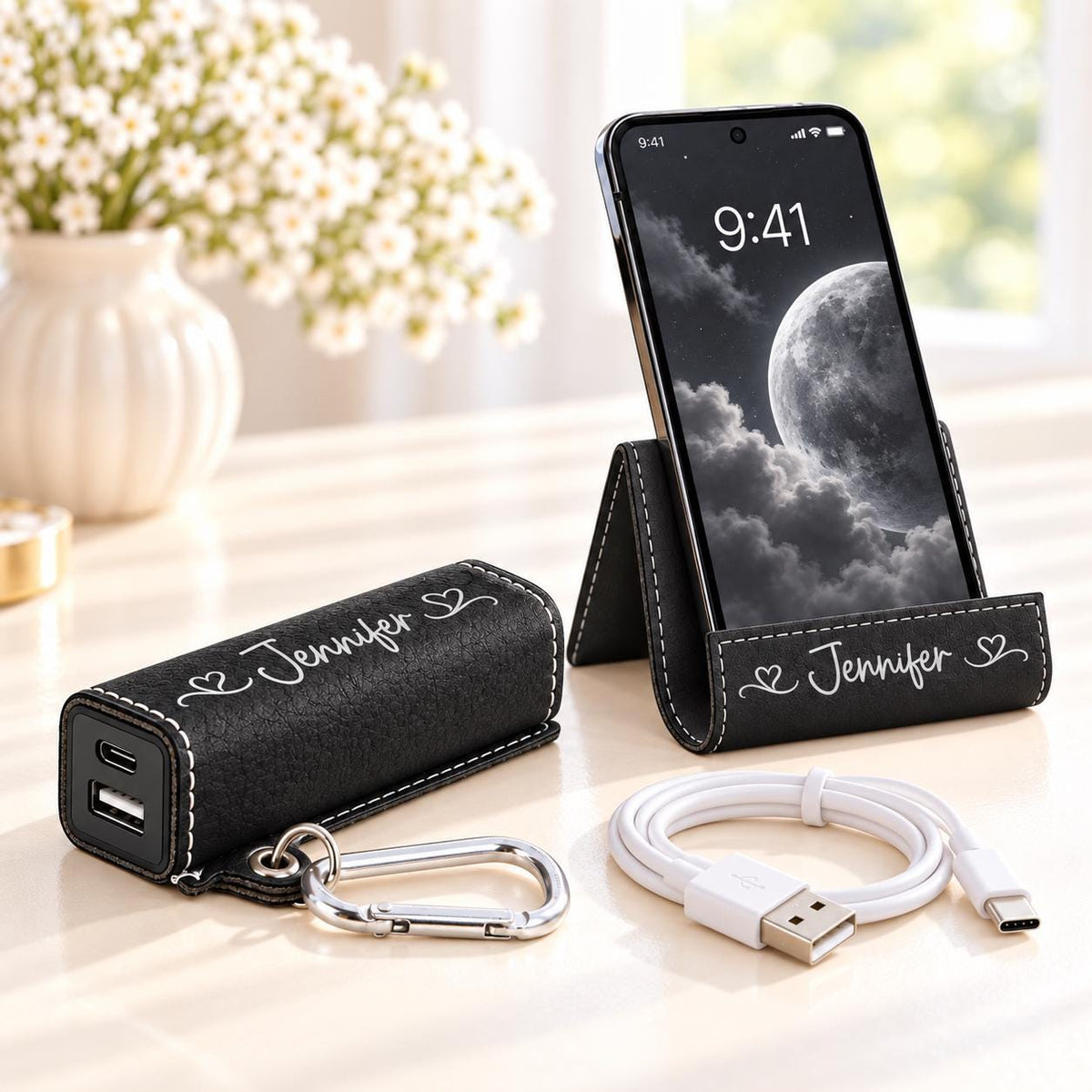 Black phone stand and power bank set with silver engraving, name Jennifer
