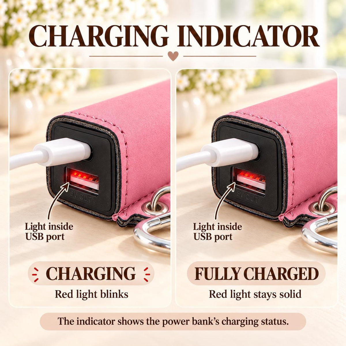 Charging indicator: red light blinks while charging, stays solid when fully charged